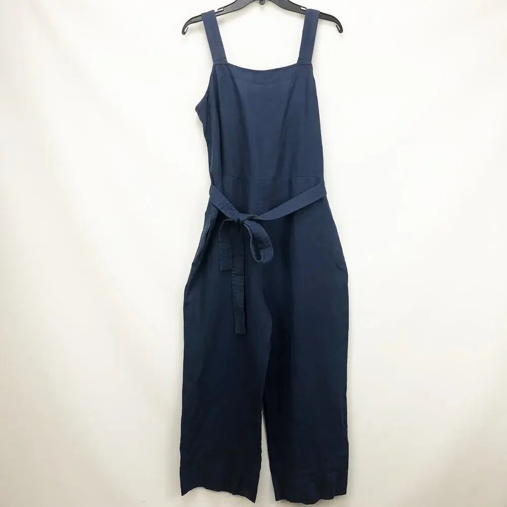 Everlane Womens The Linen Square-Neck Jumpsuit Sz 10 Belted Blue Indigo NWT